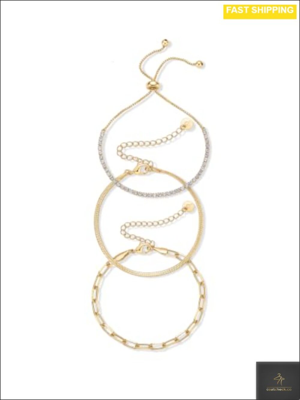 14K Gold Plated Dainty Chain Bracelet Set of 3 Stackable Women's Jewelry